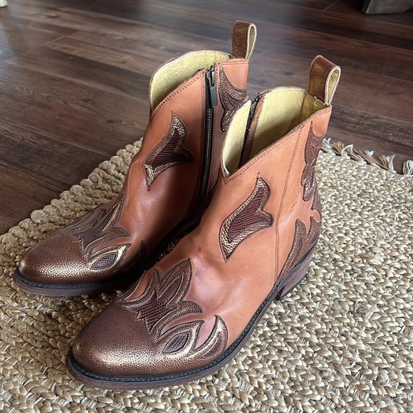 Liberty Black Women’s 9 Ankle Leather Boots Brown Metallic Copper Overlay - Picture 3 of 16